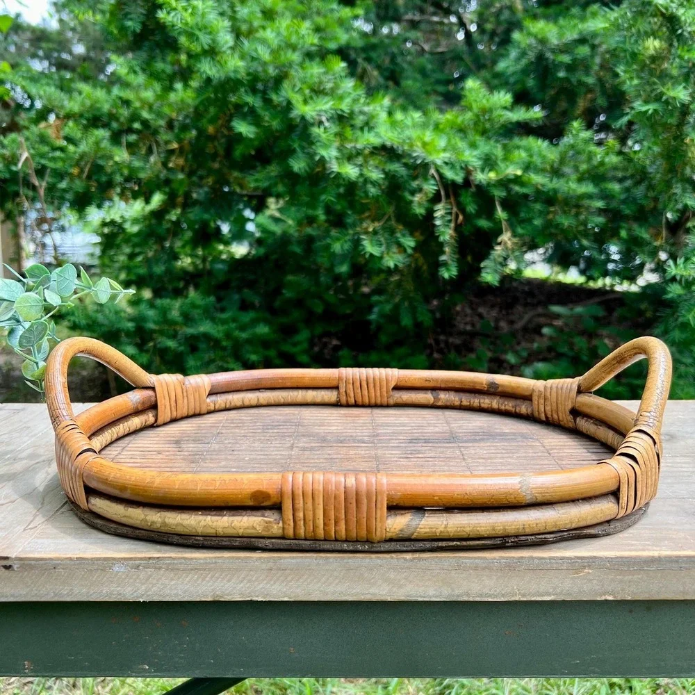 Old Antique Bamboo and Rattan Tray with Handles